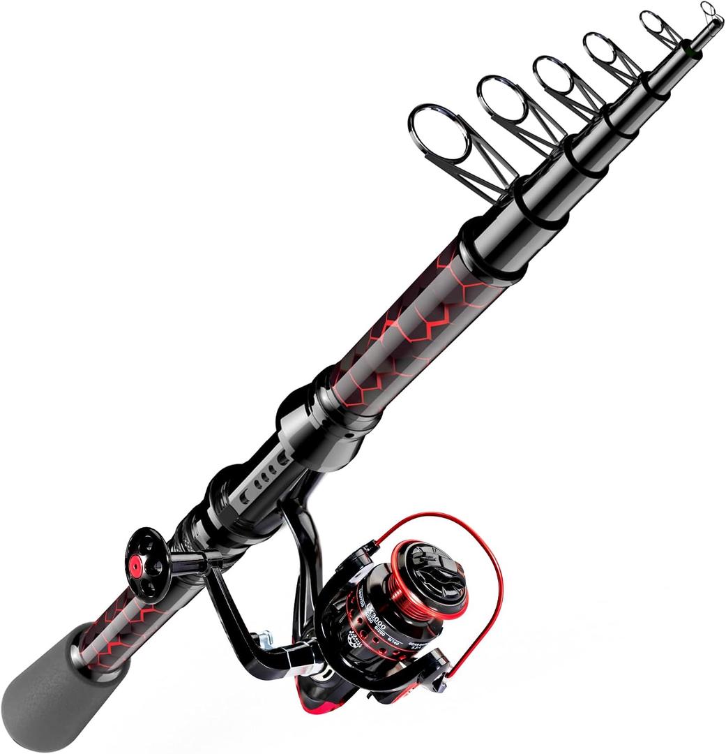 Fishing Rod and Reel Combos, Unique Design with X-Warping Painting, Carbon Fiber Telescopic Fishing Rod with Reel Combo Kit with Tackle Box, Best Gift for Fishing Beginner and Angler