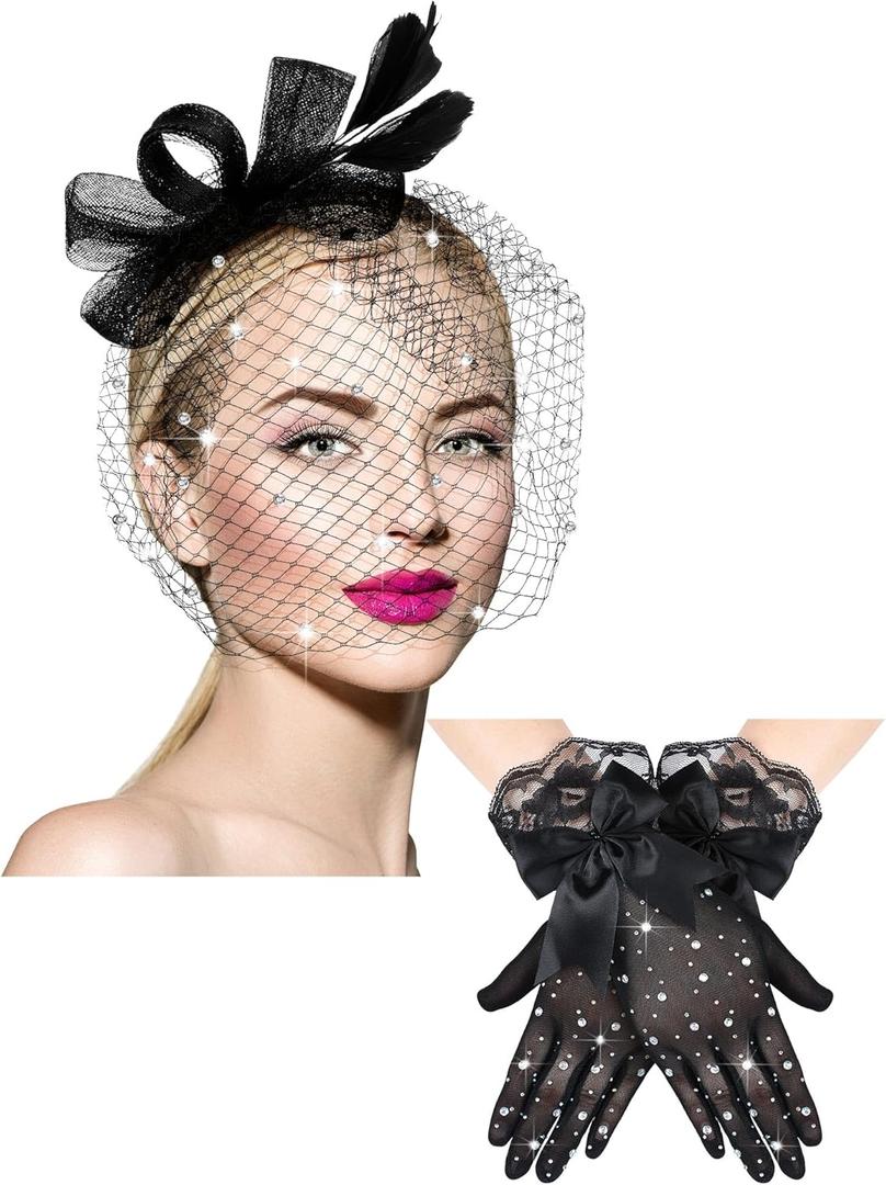 Geyoga 50s Fascinator Hat for Women Funeral Veil Hat Pillbox Cocktail Tea Party Headpiece and Lace Glove (Rhinestone Black)