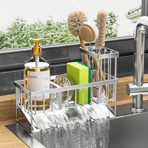 Cisily Sink Caddy Sponge Holder for Kitchen, 304 Stainless Steel Rustproof, Kitchen Sink Caddy with High Brush Holder, Dish Sponge Organizer with Divider (Silver) (9.25)