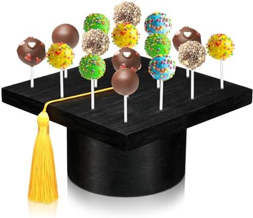 DoubleFill Graduation Hat Wooden Cake Pop Stand Lollipop Holder for Dessert Table 16 Holes Cake Pop Display Stand Suit 0.16''/4mm Lollipop Sticks for Birthday Parties Weddings Baby Showers