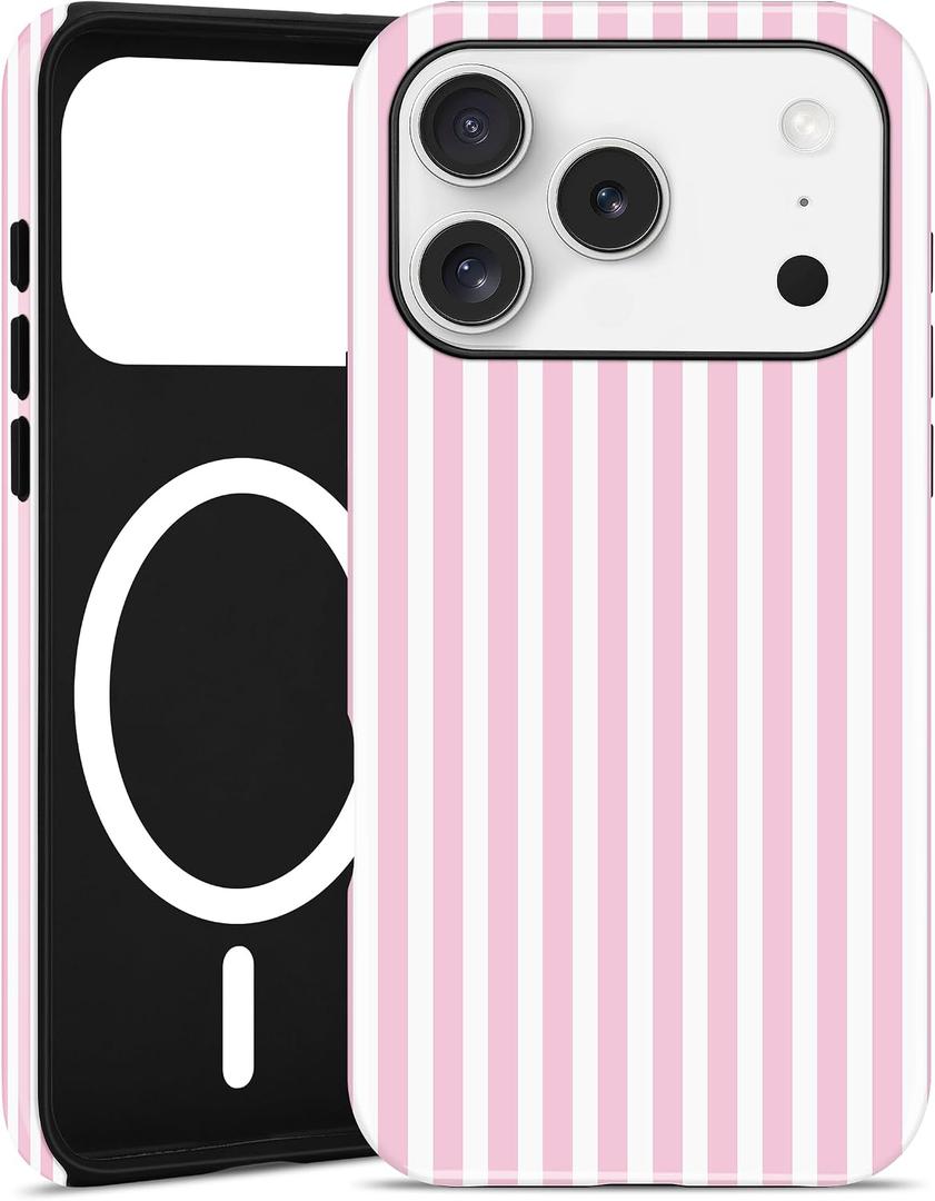 Jusy Compatible with MagSafe Striped Phone Case for iPhone 16 Pro Max, Cute Aesthetic Magnetic Soft TPU and Hard PC Protective Phone Cover for Women Girls (Matte) - Pink and White