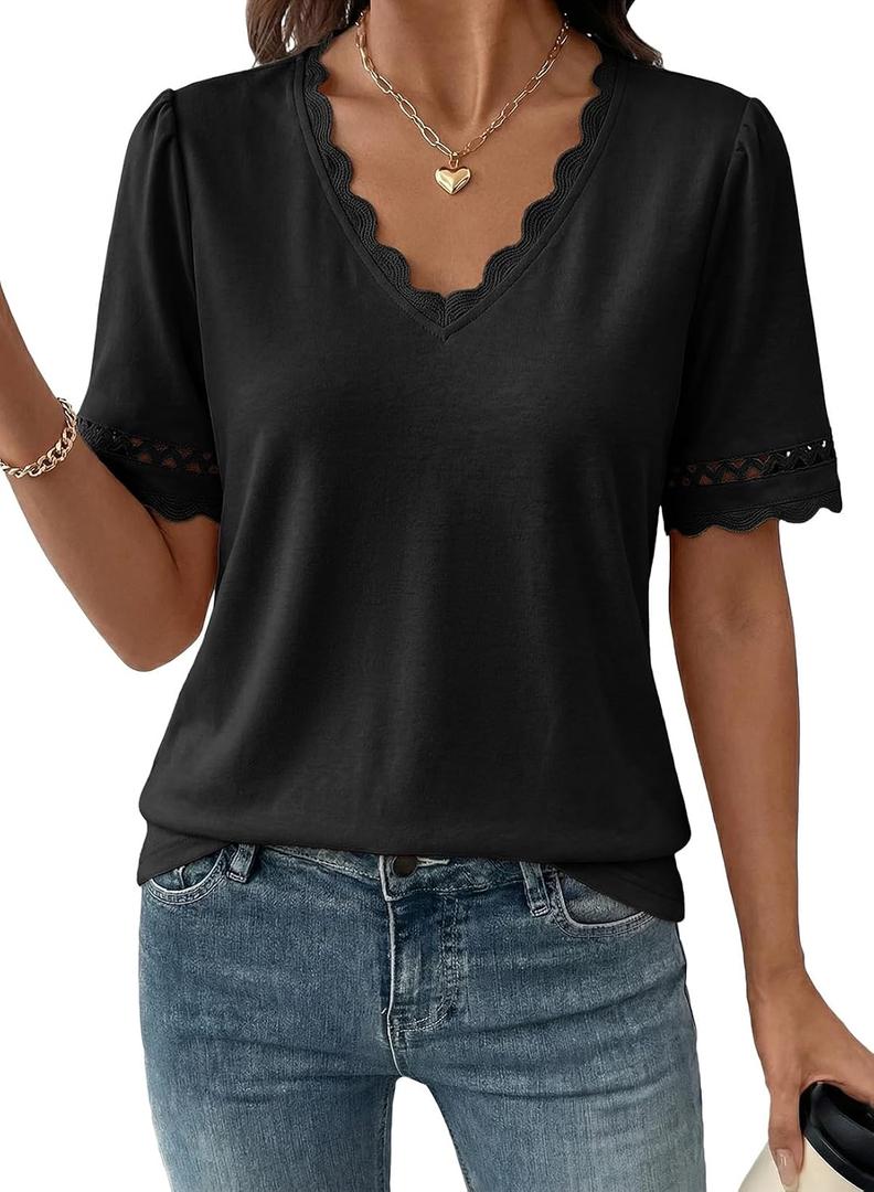 Dokotoo Womens Summer Tops Casual Short Sleeve V Neck Lace Shirts Dressy Eyelet Embroidery Blouses (Black, XL)