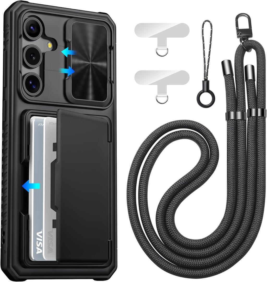 ATATOO for Samsung Galaxy S25 FE Case Wallet with Lanyard, Phone Strap Crossbody for Women Men, Card Holder, Slide Camera Cover, Military Grade Protection, Case for Galaxy S25 FE 6.7", Black