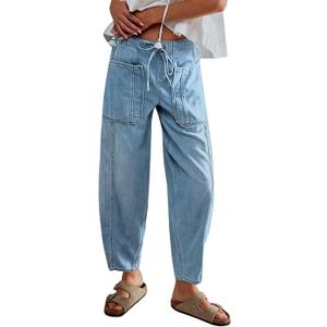 LifeShe Women's Wide Leg Baggy Jeans Elastic Waist Barrel Jeans Trendy Loose Drawstring Ankle Denim Pants (Blue, L)