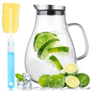 SUSTEAS 2.2 Liter 75oz Glass Pitcher, Water Pitcher with Lid And Wide Handle, Easy Clean Juice Jug for Fridge, Beverage Carafe for Cold/Hot Water, Iced Tea, 1 Long-Handled Brush Included