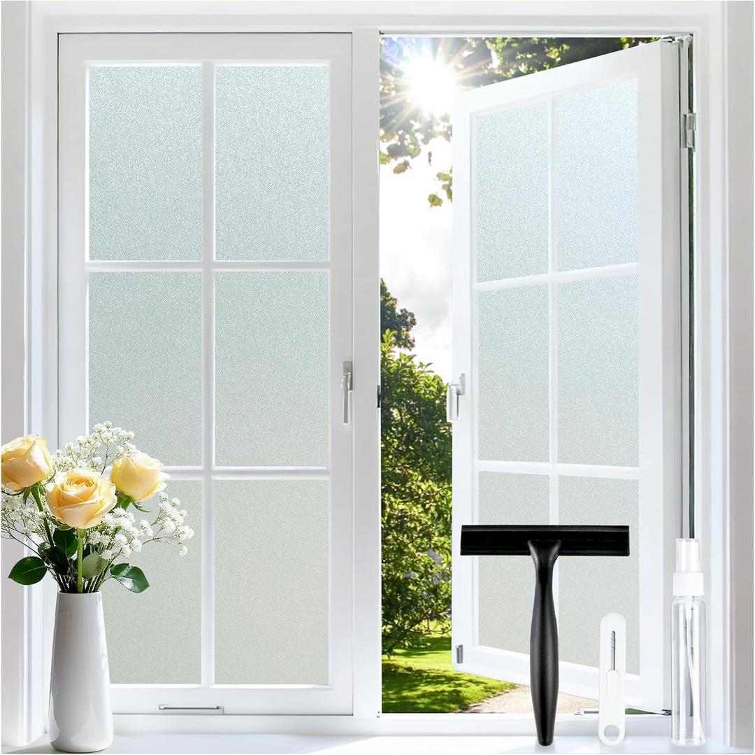 rabbitgoo Frosted Glass Window Privacy Film, No Glue, Anti-Glare Heat Blocking, Easy to Install, Renter Friendly Removable Opaque Bathroom Window Clings for Glass, 23.6" x 157.4"