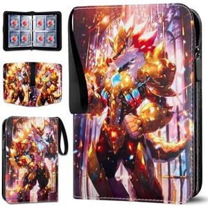 Trading Card Albums with Zipper - 4 Pocket Double Sided Collection Binder for 400 Cards, Durable Scratch-Resistant PU Cover, 3 Ring Trading Card Sleeves, Portable Organizer for MTG & Game Card (Gold)