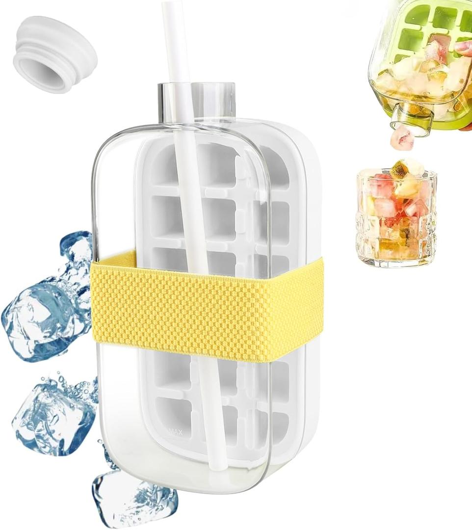 Ice Bottle Cup,2 in 1 Zero Touch Press Ice Cube Mold Water Bottle with Lid and Bin,Easy Ice Release for Freezer, Leakproof, for Coffee and Juice(800ml/28oz) (White)