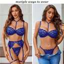 Avidlove Lingerie Sets Women Sexy Bra And Panty Sets 3 PCs With Garter Belt (Blue)