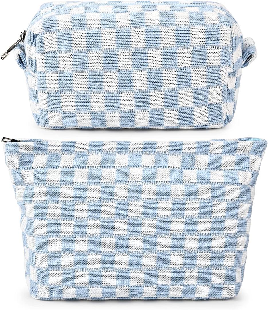 2 Pieces Makeup Bag Large Checkered Cosmetic Bag Capacity Canvas Mix Travel Toiletry Bag Organizer Cute Makeup Brushes Aesthetic Accessories Storage Bag for Women, Checkered Mix Blue