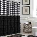 2 x Seasonwood Black Farmhouse Shower Curtain Set with 12 Hooks 72 X 72inch Black and White Buffalo Plaid Pattern Fabric Shower Curtains with Buttons & Black Ruffles for Bathroom Bathtubs Decor