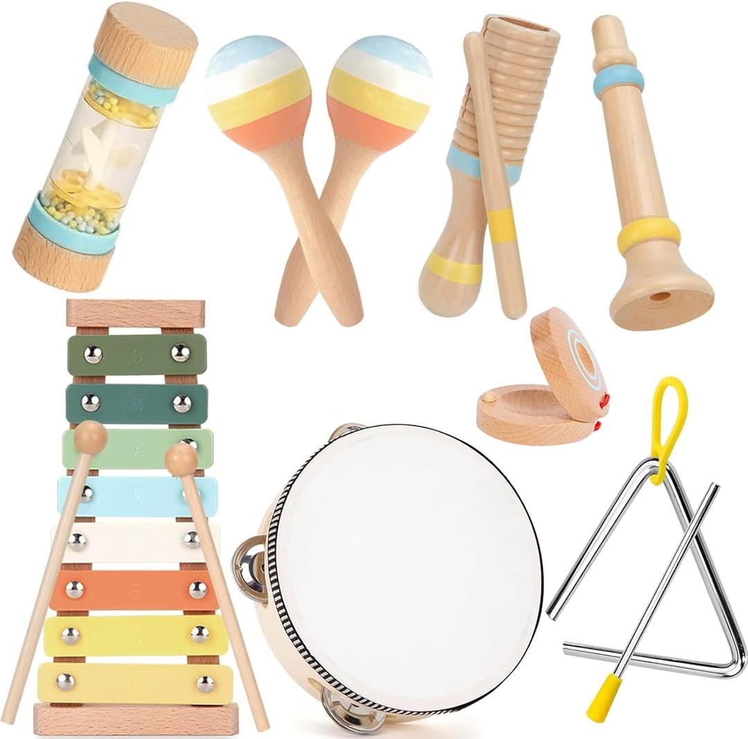 Baby Musical Instruments for Toddlers 1-3, 12PCS Montessori Musical Toy Set with Xylophone, Drum, Maracas...Perfect Toy Gift for 1-3 Year Old Boy Girl (Neutral)