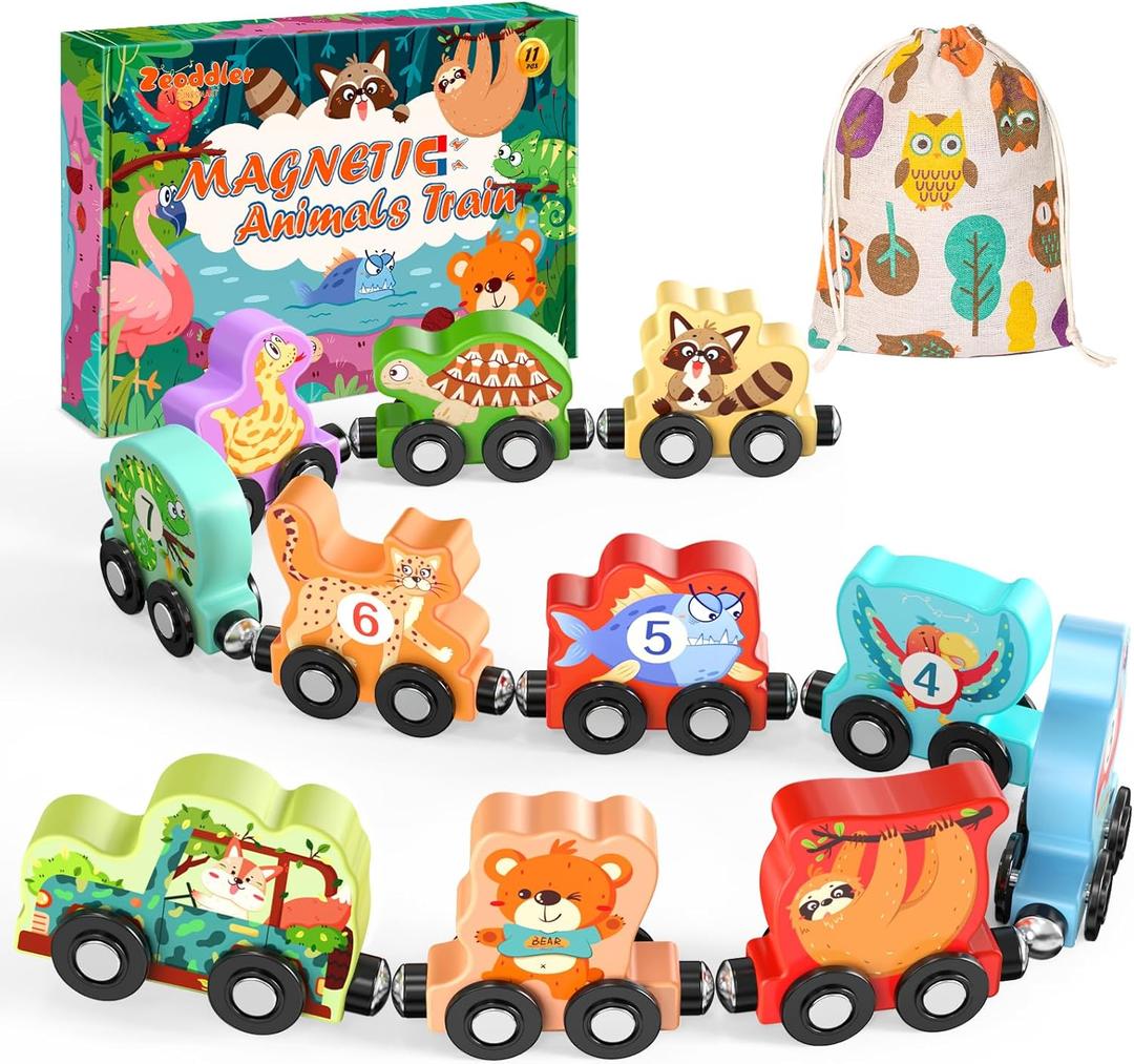 Zeoddler Toys for Toddlers, 11 Magnetic Wooden Animals Train Set, Montessori Toys for Toddlers, Learning Activities, Sensory Activities for Kids, Birthday Gifts for Boys, Girls