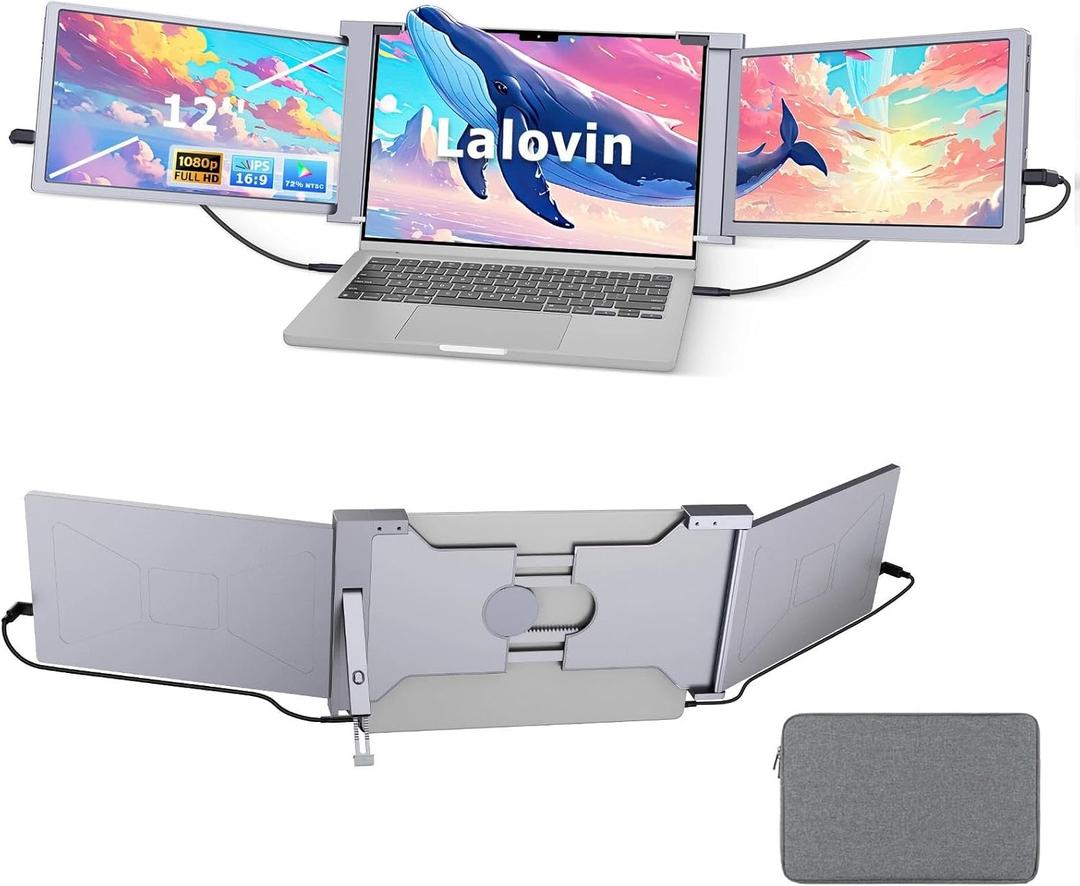 12" Laptop Screen Extender, 1080P FHD IPS Triple Portable Monitor for Laptop, Fit 13.3-16.1Laptops, Plug & Play Monitor Extender with USB-C/HDMI Port for Mac/Windows/Chrome/Android,Gray