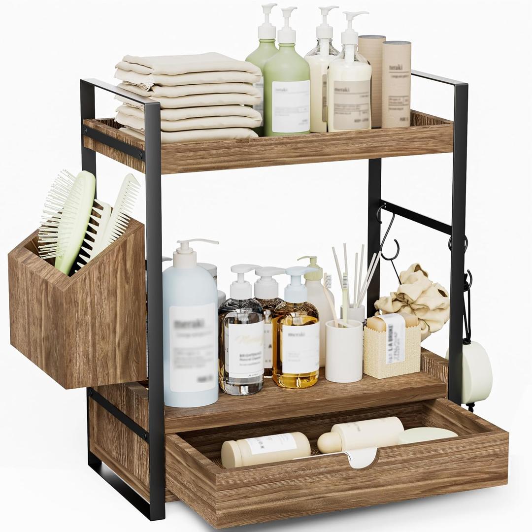 2-Tier Bathroom Counter Organizer with Drawer and Basket, Wood Countertop Organizer for Storage, Skincare Organizers for Vanity, Counter Shelf for Bathroom Organization(Dark Brown)