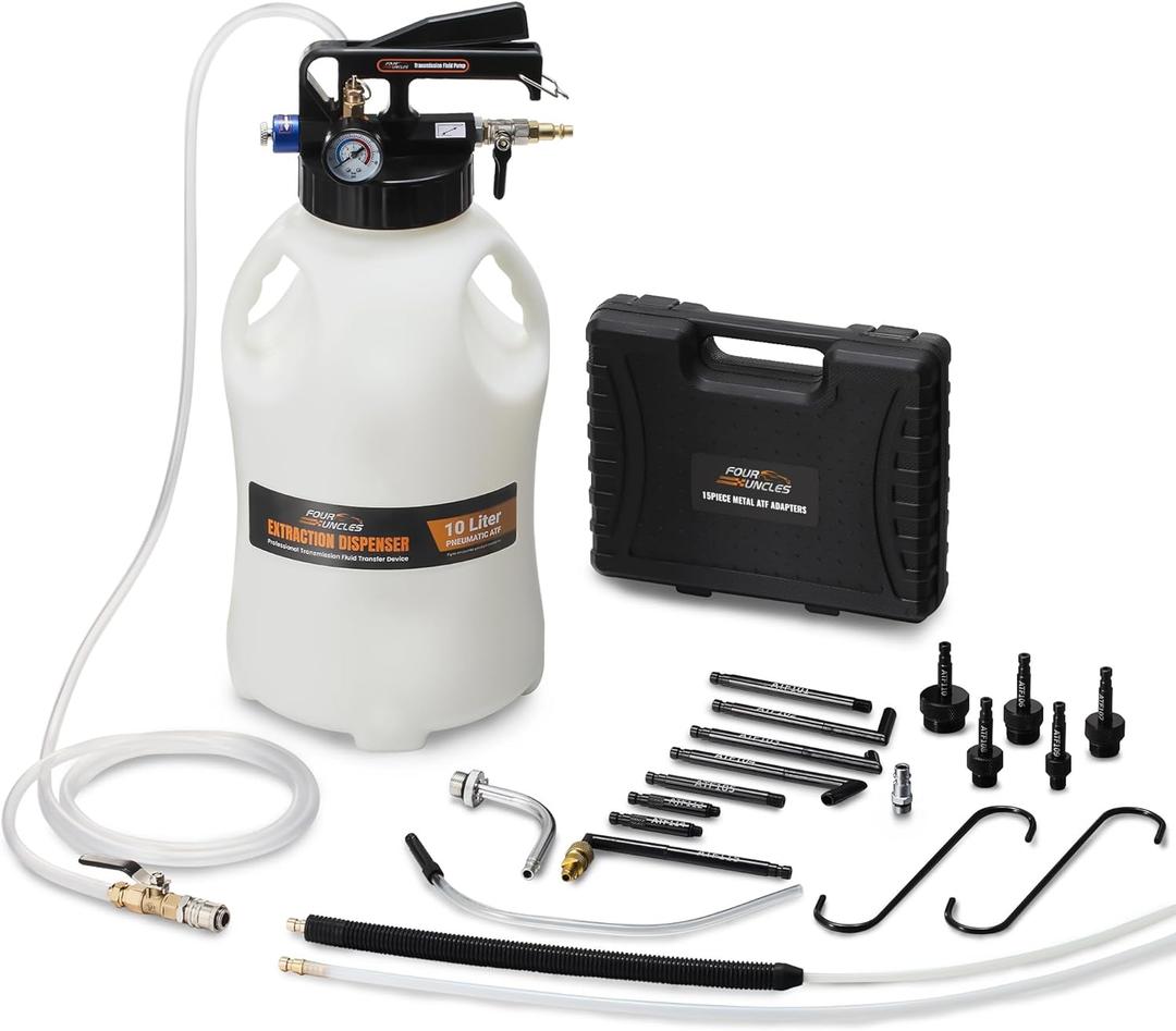 FOUR UNCLES 10L Transmission Fluid Pump - Pneumatic Transmission Fluid Extractor and Dispenser with 15 Metal ATF Adapters and Pressure Gauge for Automotive Use, Transmission Fluid Transfer Pump Kit