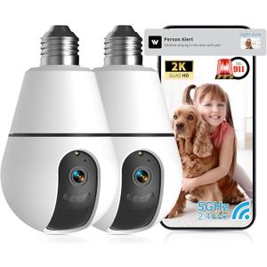 Light Bulb Security Camera,2.4G/5GHz WiFi 2K Security Cameras Wireless Outdoor Indoor,Bulb Cameras for Home Security,AI Smart Detection,911Emergency,US Based Cloud,2 Way Talk,Color Night Vision 2Pack (White)