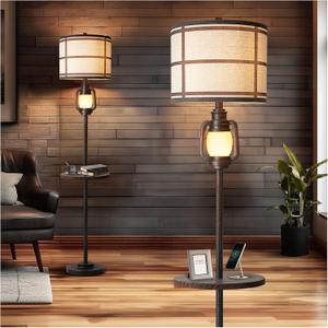 Rustic Farmhouse Metal Tray Floor Lamp For Living Room With Nightlight Vintage Tall Lamp With Linen Fabric Shade Industrial Standing Lamp For Bedroom Office Home House Study (Bulb Included)