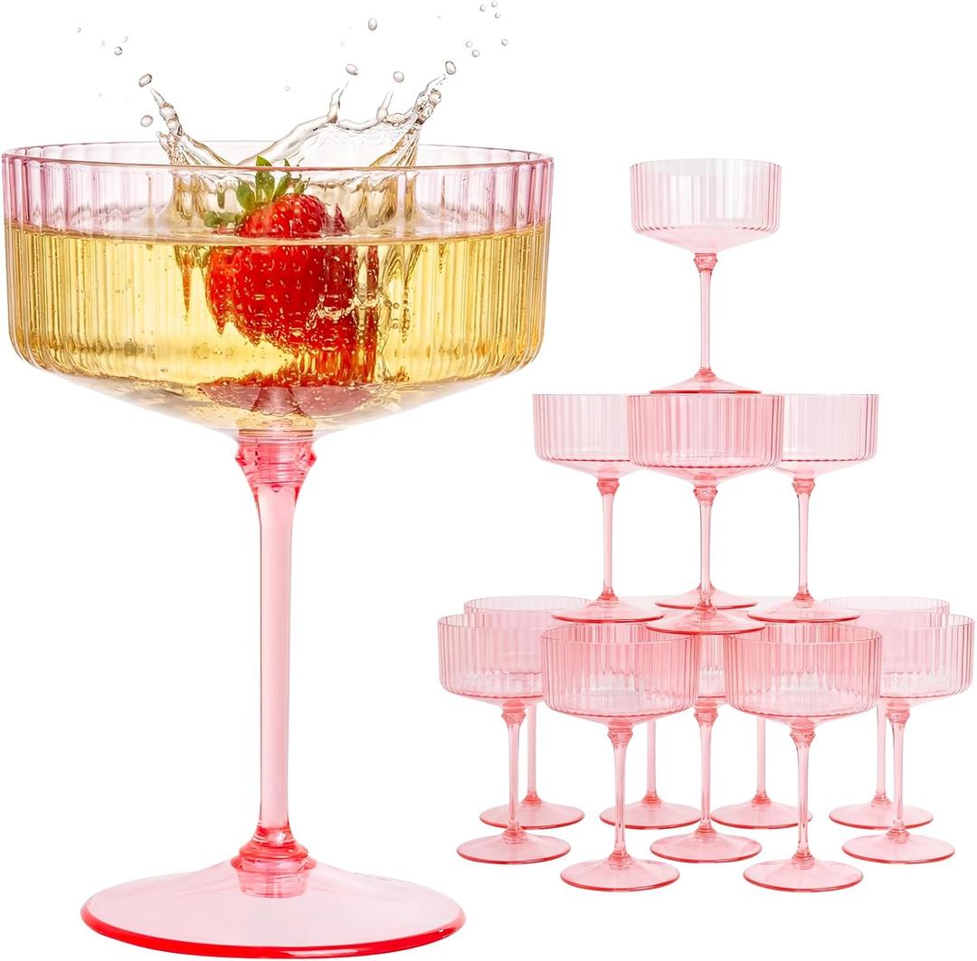 LIYH 20Pcs Pink Plastic Coupe Glasses, 10 Oz Martini Glasses For Parties
Disposable Ribbed Cocktail Cups & Champagne Tower Stemware, Detachable 3-Piece Design For Weddings, Bars, Banquets