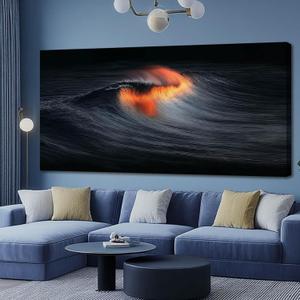 YETHEN WAL Black Ocean Wave Wall Art Glowing Sunset Canvas Prints Abstract Seascape Artwork for Living Room Bedroom Office Decor 29x58 Inch