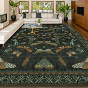 Hazo Haus Forest Green Rugs for Living Room - 9x12 Big Rugs for Bedroom, Dining Room, Guest Room, Insect Moth Dcor, Non Slip Low Pile