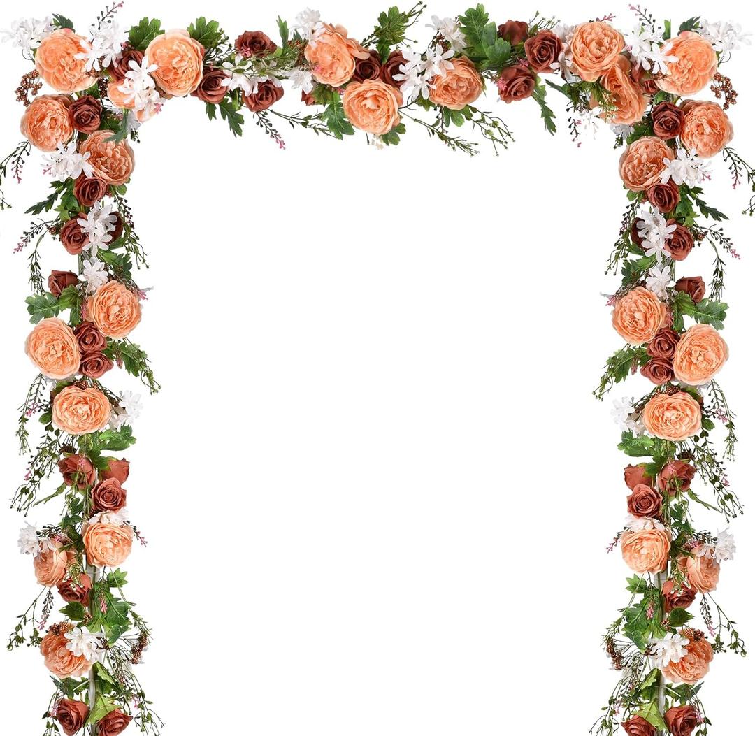 DearHouse 2Pcs Artificial Peony Flower Garland - 6ft/Strand Silk Peony Flower Greenery Garland Fall Garland for Wedding Ceremony Backdrop Party Table Centerpieces Decor (Orange)