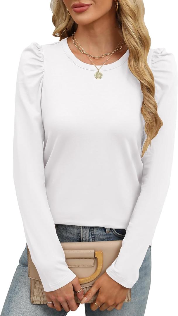 ANRABESS Womens Puff Long Sleeve Shirts Crewneck Fall Tops Basic Dressy Casual Blouses 2024 Trendy Outfits (XX-Large, White)
