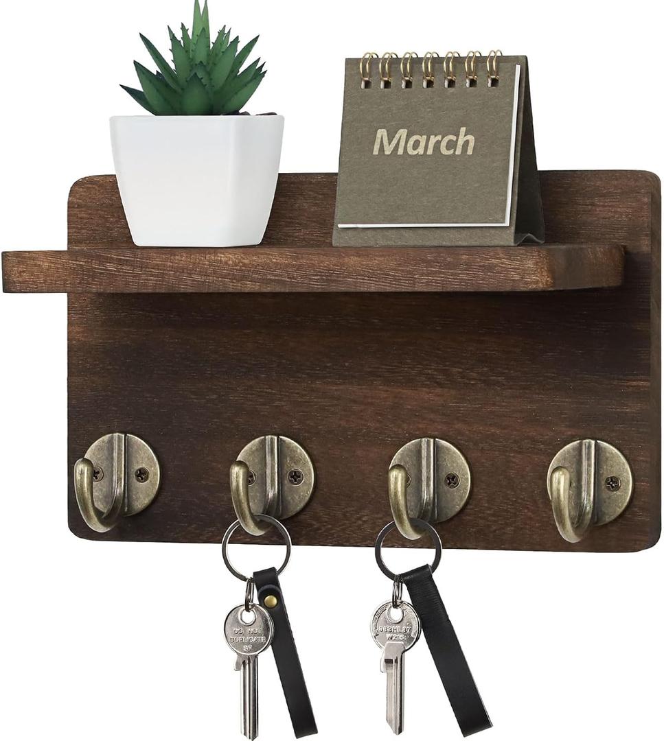 Nekon Key Holder Wall Mount, 8.5 Inch Small Home Decor Wooden Wall Organizer with 4 Hooks and Shelf, Wall Decor for Living Room Entryway Kitchen (Brown)