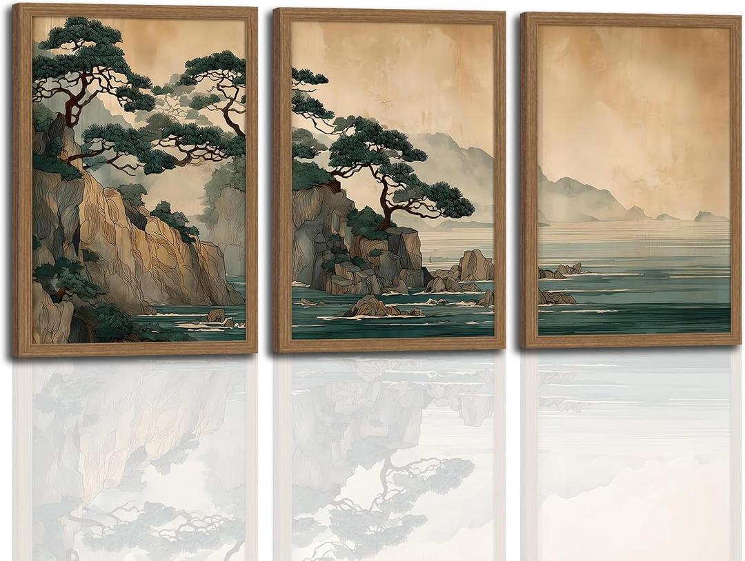 Japanese Zen Wall Art Set of 3 with Wooden Frame Cliff and Ocean Seascape Prints, Framed Japanese Landscape Painting, Minimalist Asian Wall Decor 16x24 Inch