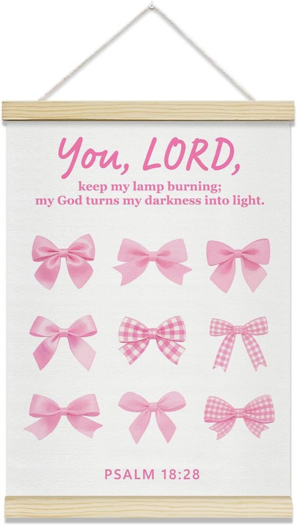 TRKAE Coquette Pink Bow Canvas Poster Hanger Frame, You Lord Keep My Lamp Burning Christian Wall Art for Girls, Bible Verses Wall Decor for Bedroom Dorm Apartment Office -004