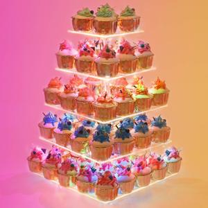 YestBuy Cupcake Stand  5 Tier Premium Cupcake Holder  Acrylic Cupcake Tower Display  Cady Bar Party Dcor  Acrylic Display for Pastry + LED Light String  Ideal for Weddings, Birthday (Colorful) (5 Tier Square)