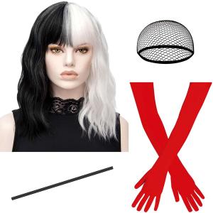 TANTAKO Black and White Wigs for Women Halloween Cosplay Costume with 1920s Long Red Gloves Accessories for Adult
