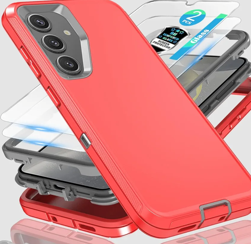for Samsung Galaxy S24 and S25 Case, 3-in-1 Heavy-Duty Protection with 2 * 0.18 Fingerprint Tempered Glass Film and Shockproof, Drop Proof, Ultra-Rugged Phone Cover S24/S25 6.2"-Red/Grey