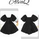 AlvaQ Womens Summer Cute Puff Sleeve Elastic Square Neck Mini Short Romper with Pockets (Small)