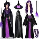 Hercicy 7 Pcs Adult Women Halloween Witch Costume Set Hood Cloak Dress Choker Broom Striped High Socks Wizard Hat Wig, XL