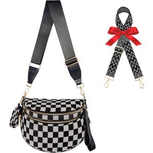 Checkered Crossbody Bag for Women/Spacious Nylon Bum Bag Two Shoulder straps/Sling Bag for Women Purse Checkerboard (Black and Gray Plaid)