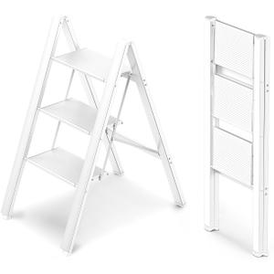WOA WOA 3 Step Ladder, Foldable Step Stool, Lightweight Ladder for Home Kitchen Closet, Anti-Slip Aluminum Pedals, Ease of Folding, Portable, 300lbs Capacity - White