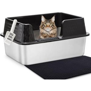 Vealind Stainless Steel Cat Litter Box High Sided Metal Cats Litter Pan Tray Enclosed with Scoop Mats Non-Sticky Anti-Leakage Easy Cleaning Kitty Litter Boxes (19.7"L x 13.8"W x 7.5"H, Black)