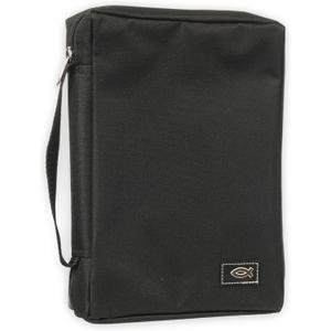 Christian Art Gifts Men or Women's Bible Cover Secure Zipper Jesus Fish, Black Canvas, Large