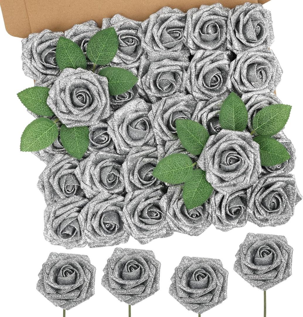 MACTING 30PCS Artificial Glitter Roses Real Touch Fake Flowers with Stem Soft Foam Roses for DIY Wedding Bouquet Table Centerpieces Party Holiday Wreath Home Mothers Day Decorations(Silver)