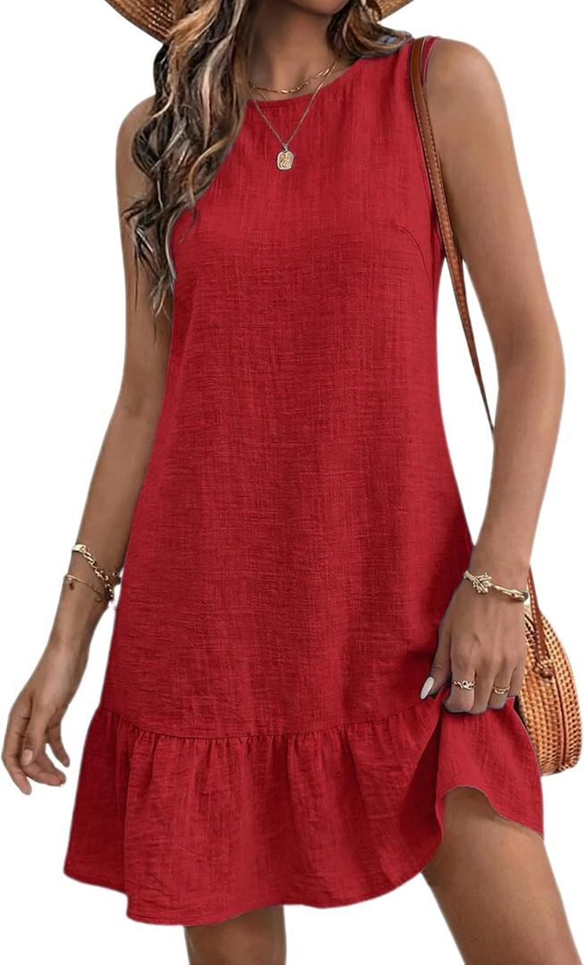 Halife Women's Sleeveless Tank Dress Tie Back Flowy Summer Sun Dresses Casual Ruffle Hem Mini Linen Dress Red Dresses L