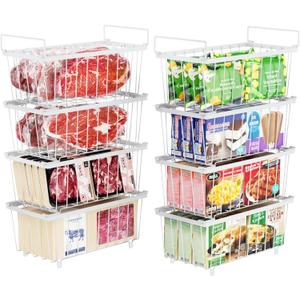 iSPECLE Deep Freezer Organizer Bins - Fits 7 Cu.Ft Chest Freezer, 8 Pack Stackable Wire Baskets(14.7" Length), Heavy Duty Coated Freezer Organizer, Rust Resistant for Frozen Food Sorting, White