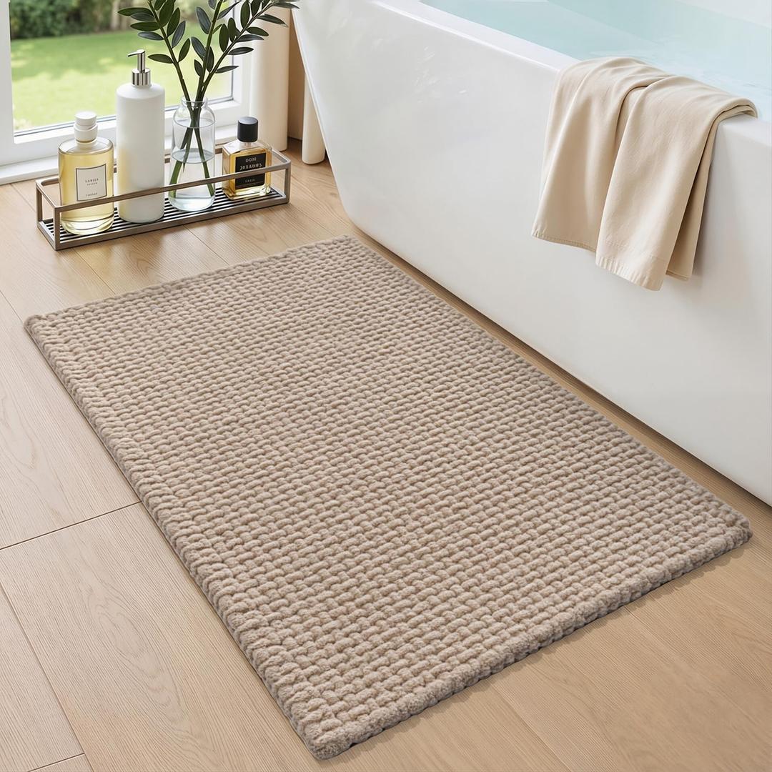 DEXI Bathroom Rugs 16x24, Non Slip Washable Bath Mat, Absorbent Chenille Bathmat, Ultra Soft Thick Carpet for Tub Shower Floor, Dark Beige