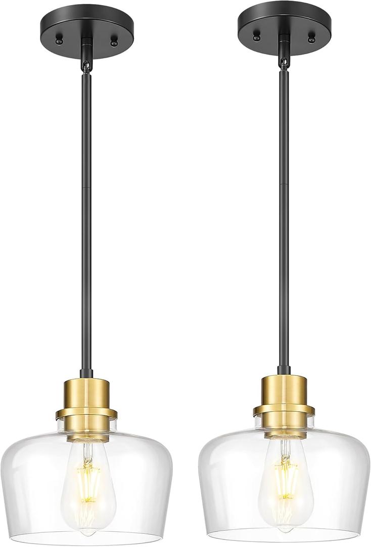 Emak 2 Pack Black Gold Pendant Lights Kitchen Island, Modern 8 Inch Clear Glass Pendant Light, Farmhouse Island Lights for Kitchen, Bathroom, Dining Room, PL122-BKBGD-CG-2PK