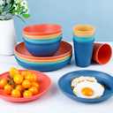LIYH 32 Pcs Wheat Straw Dinnerware Sets - Plastic Plates and Bowls Set,Reusable Plastic Plates,Dishes Set for 8,Unbreakable & Dishwasher Dinnerware Stes,Thanksgiving Halloween Fall Decor (Yellow Orange Blue Nave Blue)