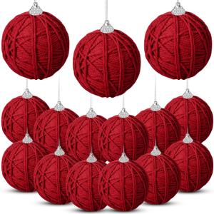 Jenaai 15 Pcs Neutral Christmas Ornaments Balls Bulk 3.15 Inch Yarn Rustic Farmhouse Christmas Tree Ball Ornament Boho Handmade Xmas Hanging Decoration for Tree Party Holiday Decoration(Burgundy Red)