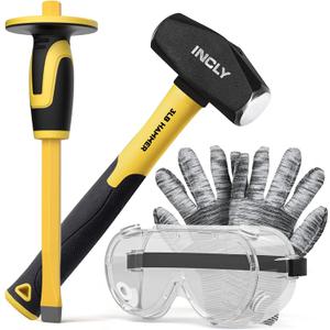 INCLY 4 PCS Geology Rock Pick Equipment Kit, 3 Pound Sledge Rock Hammer with 12" Mason Concrete Chisel, Safety Glasses, Gloves, Tool Set for Hounding, Gold Mining & Prospecting, Brick Stone Breaking