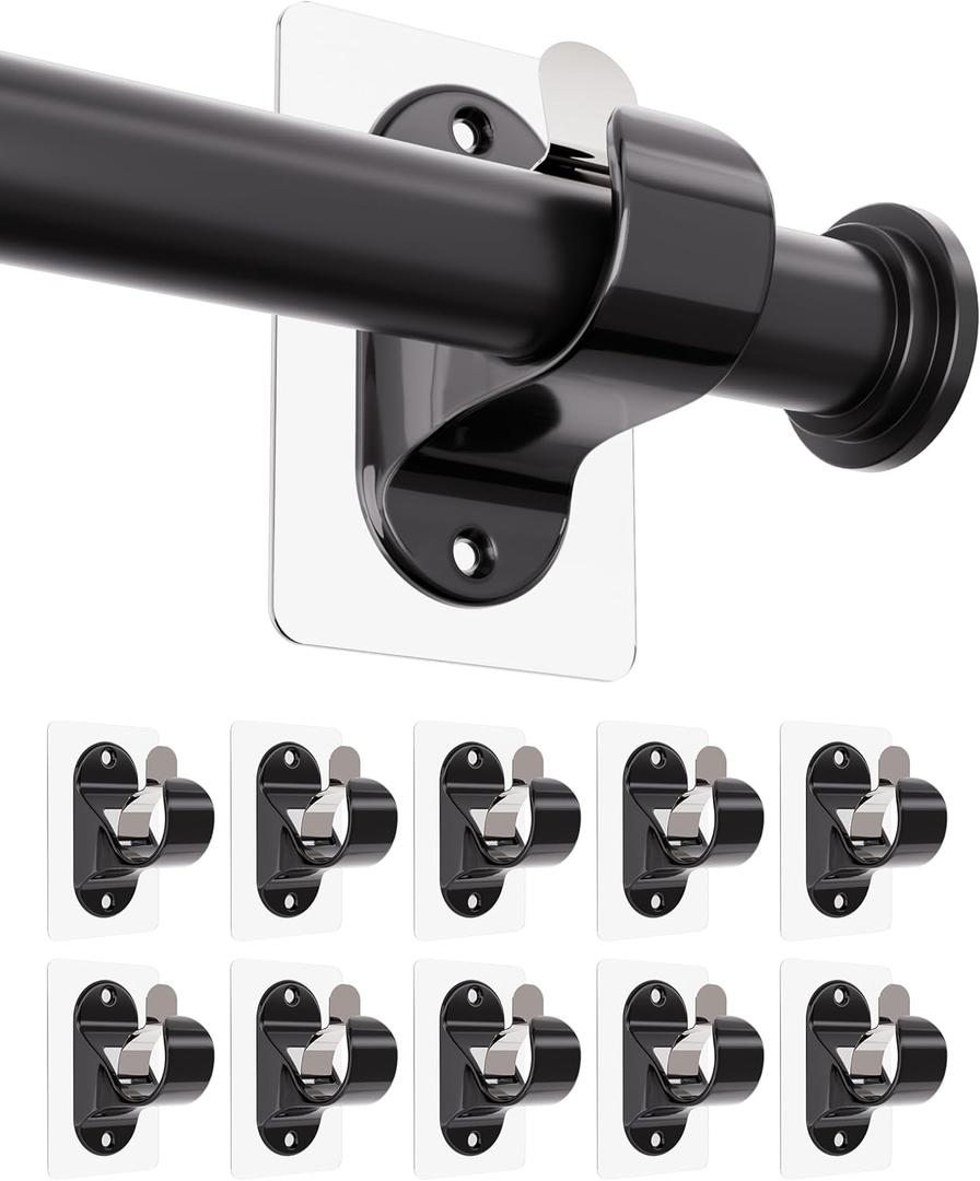 ANDGOO 10 Pack No Drill Curtain Rod Brackets, Renter Friendly Self Adhesive Curtain Rod Holders, Heavy Duty No Drilling Curtain Rod Hooks for Apartment Bedroom Bathroom Dorm Classroom Kitchen (Black)