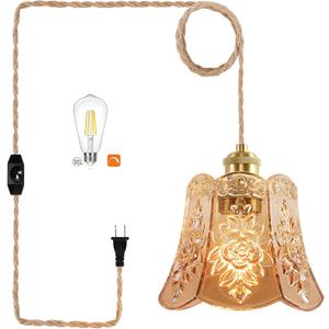 Plug in Pendant Light Hanging Lights with Plug in Cord Mid Century Modern Gold Hanging Lamp Dimmable Mini Amber Glass Vintage Retro Plug in Ceiling Fixture for Living Room,Bedroom,Kitchen,Boho