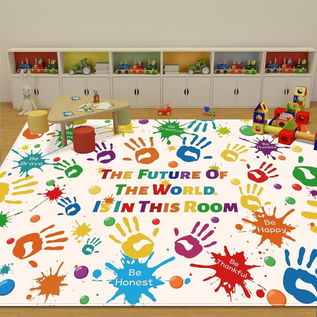 Colorful Kids Rug, Washable Rug for Kids, Handprints Area Rugs for Kid Bedroom, Non-Slip Play Mat Ultra Soft Thick Indoor Plush Rugs for Playroom Classroom Nursery Decor (9'2" X 6'7")